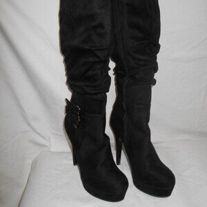 Round Toe Slip-On Platform Stiletto Heel Mid-Calf Boots